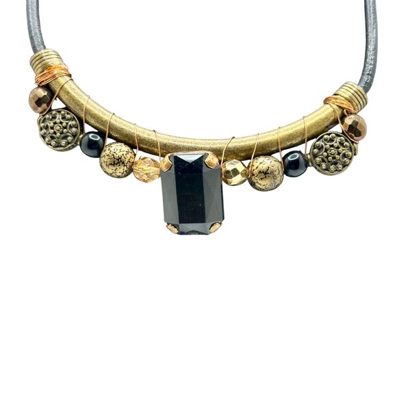 Chico's Necklace Jewlery Statement 22" Vintage Brass Tone Black Stone Corded - Picture 9 of 11